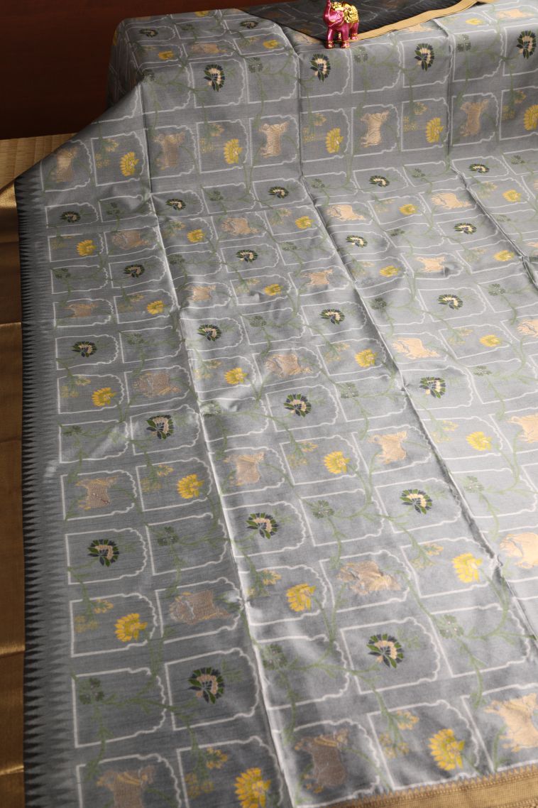 Gray Black Jute Sarees with Gold And Silver Zari Floral Patterns view 2