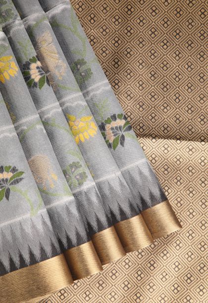Gray Black Jute Sarees with Gold And Silver Zari Floral Patterns