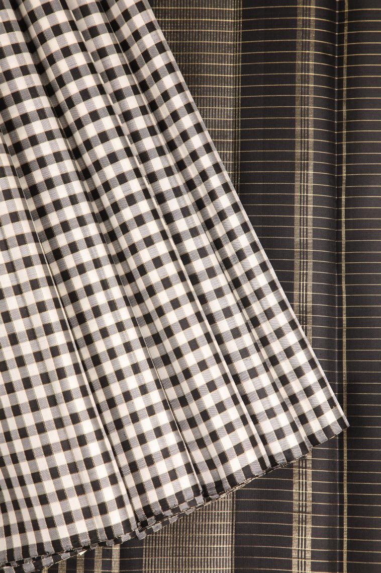 Jungle Black Kanchipuram Silk Sarees with Gold Zari Checks view 1
