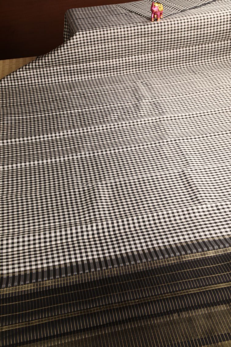 Jungle Black Kanchipuram Silk Sarees with Gold Zari Checks view 2
