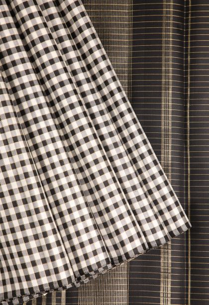 Jungle Black Kanchipuram Silk Sarees with Gold Zari Checks