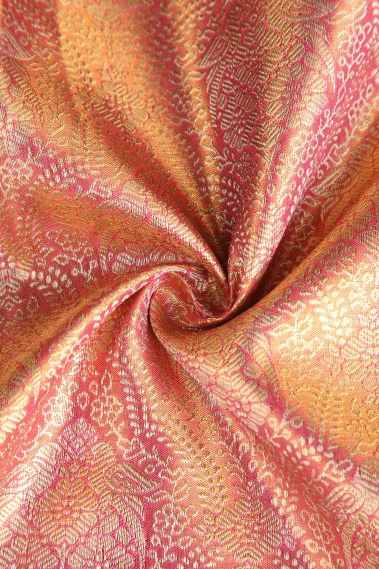 Flamingo Pink Kanchipuram Silk Sarees with Gold Zari Floral Patterns view 4