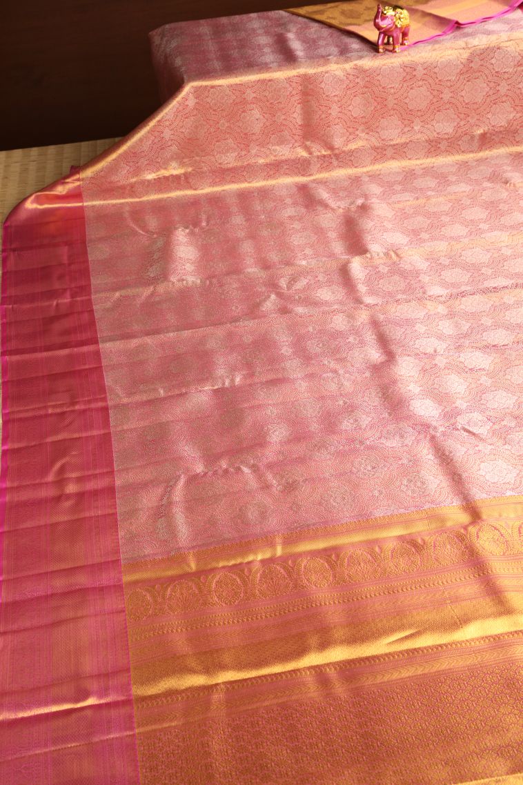 Flamingo Pink Kanchipuram Silk Sarees with Gold Zari Floral Patterns view 2