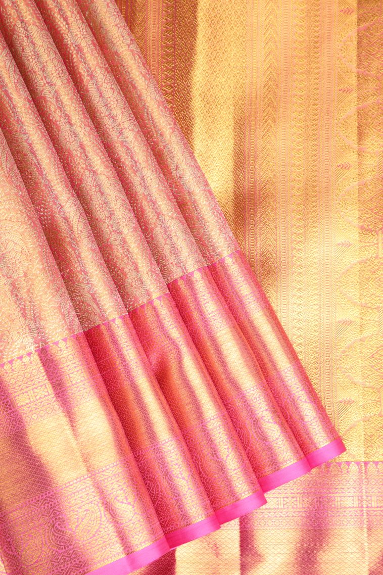 Flamingo Pink Kanchipuram Silk Sarees with Gold Zari Floral Patterns view 1
