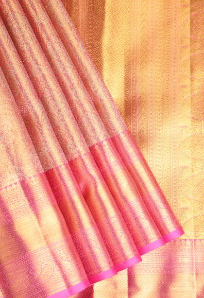 Flamingo Pink Kanchipuram Silk Sarees with Gold Zari Floral Patterns