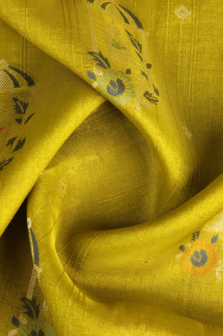 Lime Yellow Banaras Sarees with Silver Zari Birds And Floral Pattern view 4
