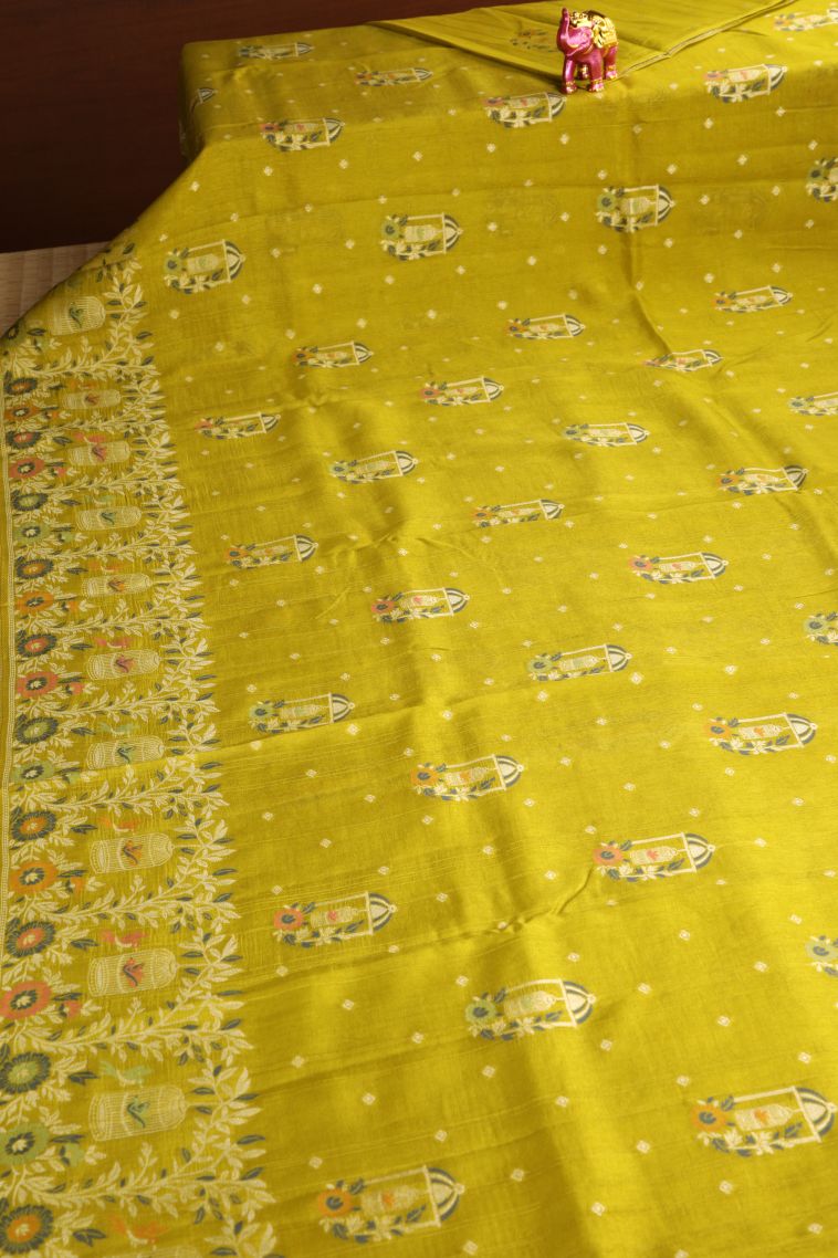 Lime Yellow Banaras Sarees with Silver Zari Birds And Floral Pattern view 2