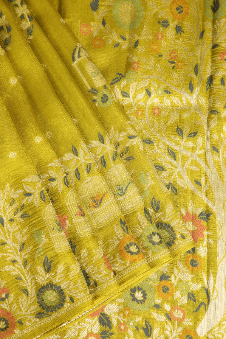 Lime Yellow Banaras Sarees with Silver Zari Birds And Floral Pattern view 1