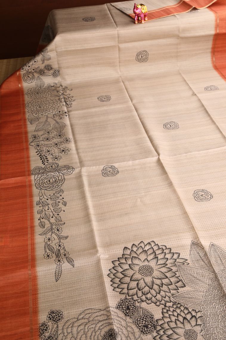 Vanilla Custard Yellow Semi Tussar Silk with Gold Zari Floral Patterns view 2