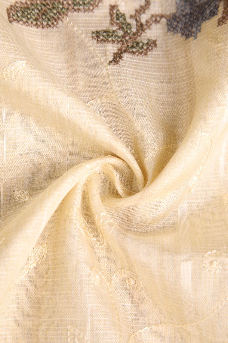 Cream White Semi Tussar Silk with Gold Zari Floral Patterns view 4