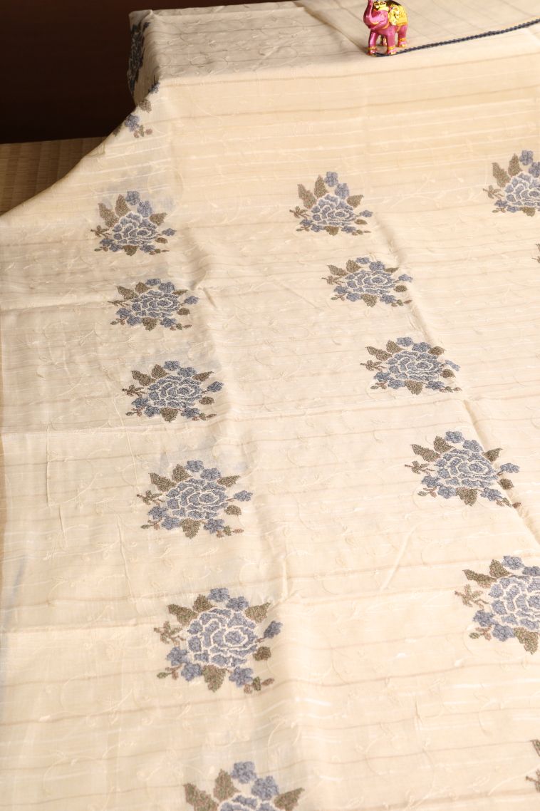 Cream White Semi Tussar Silk with Gold Zari Floral Patterns view 2