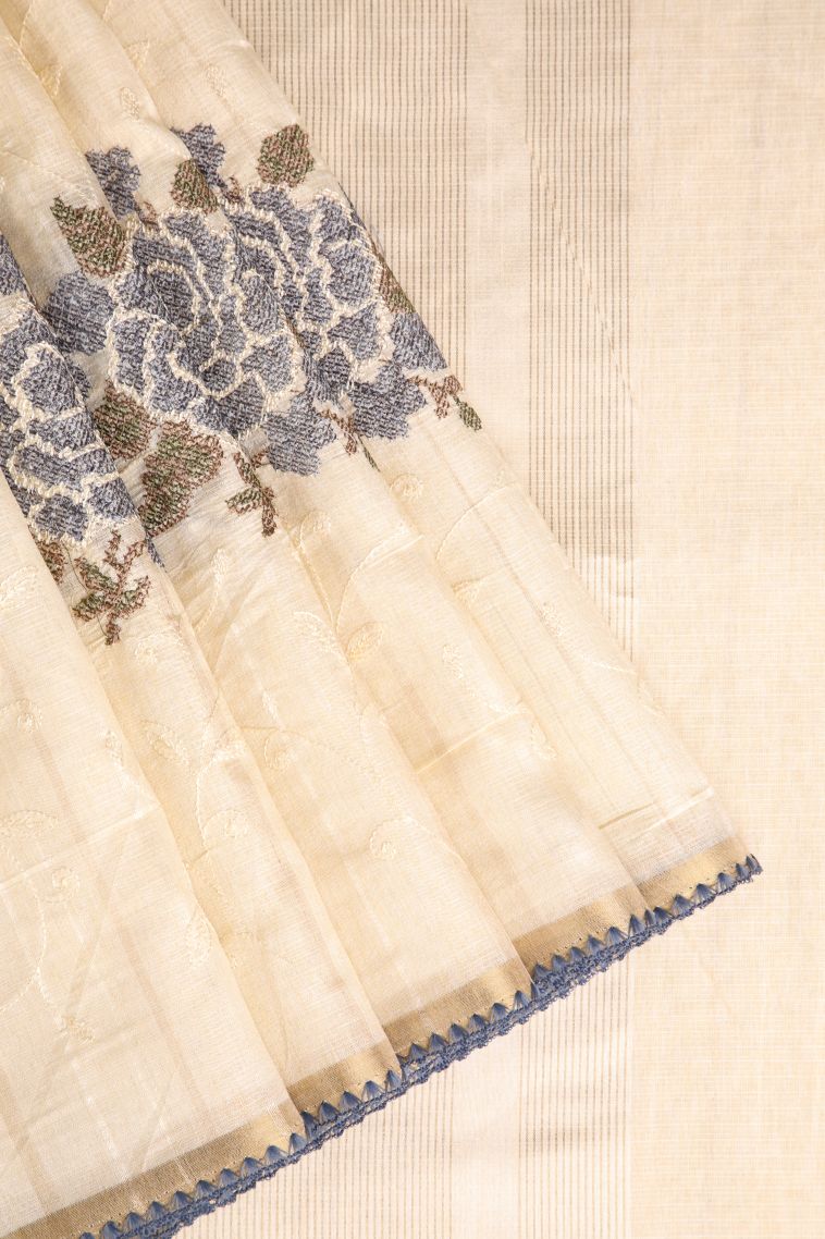 Cream White Semi Tussar Silk with Gold Zari Floral Patterns view 1