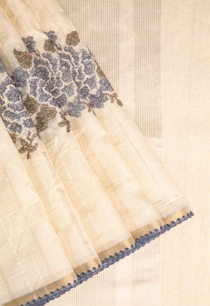 Cream White Semi Tussar Silk with Gold Zari Floral Patterns