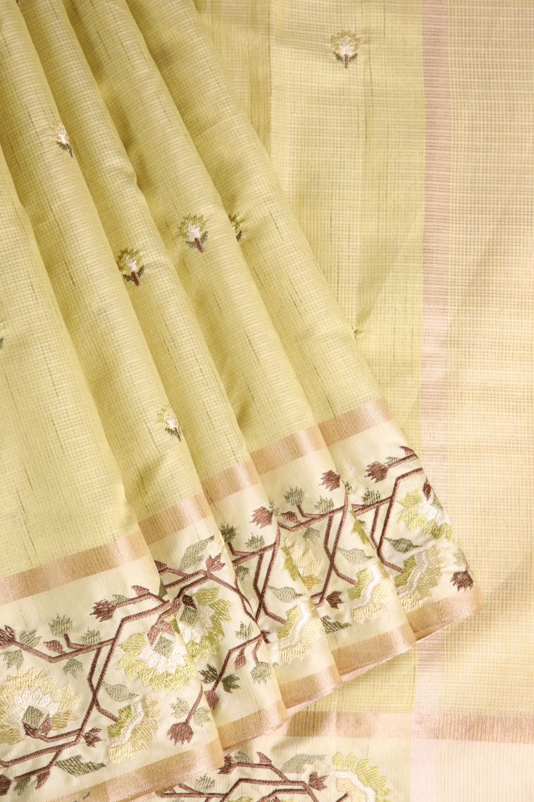 Biscotti Yellow Jute Sarees with Gold Zari Floral Puttas Embroidary view 1