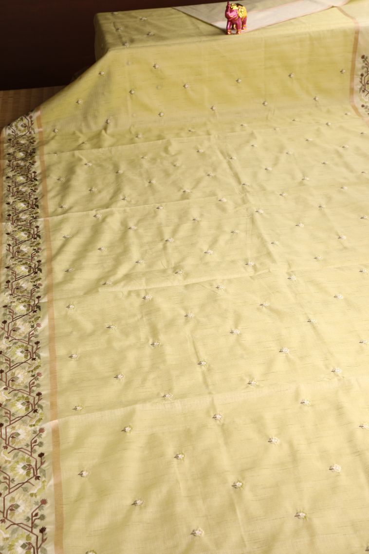 Biscotti Yellow Jute Sarees with Gold Zari Floral Puttas Embroidary view 2