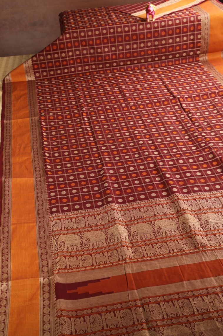 Lipstick Red Pure Handloom Kovai Cotton with Without Zari Zari Checks And Puttas view 2
