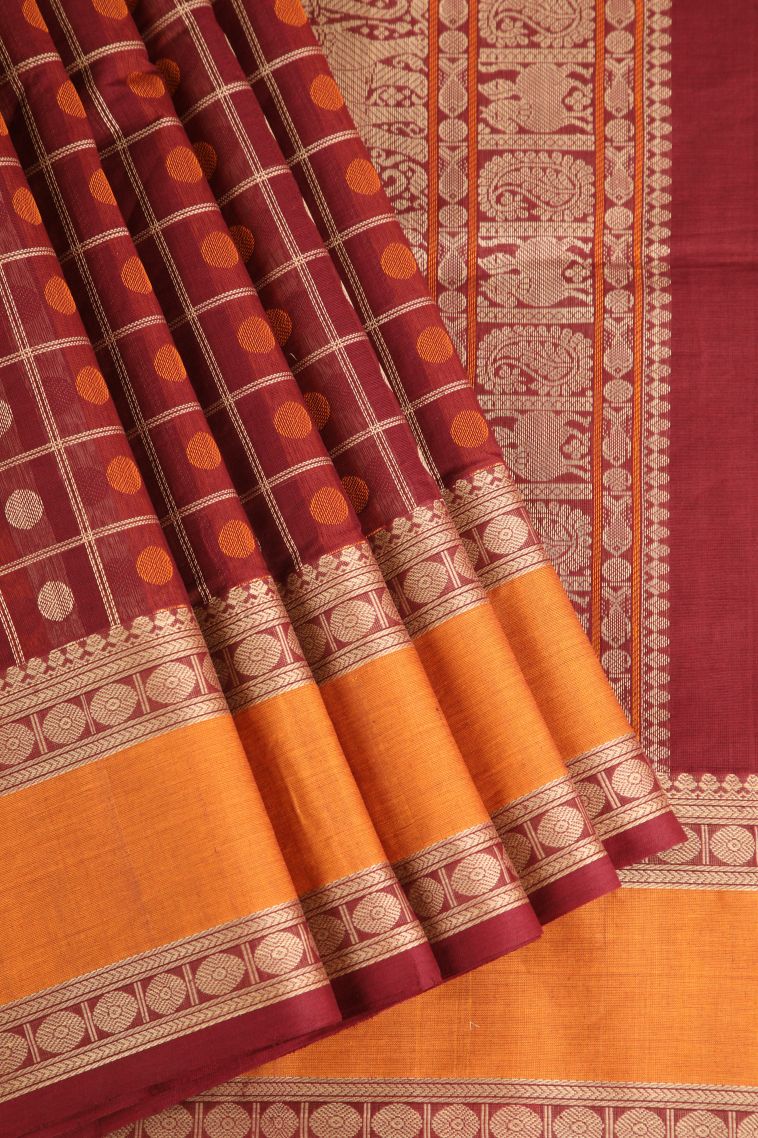 Lipstick Red Pure Handloom Kovai Cotton with Without Zari Zari Checks And Puttas view 1