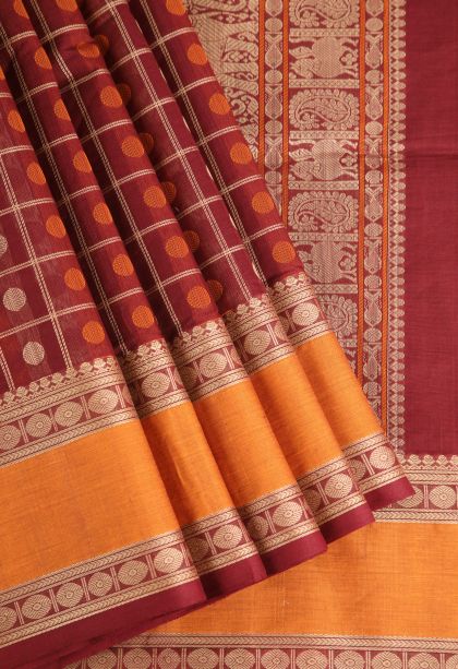 Lipstick Red Pure Handloom Kovai Cotton with Without Zari Zari Checks And Puttas