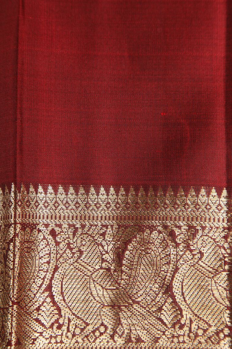 Cherry  Red Kanchipuram Silk Sarees with Gold Zari Puttas view 3
