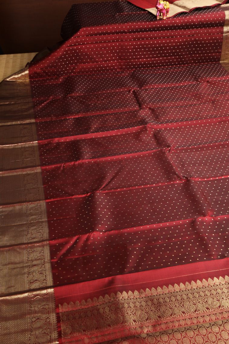 Cherry  Red Kanchipuram Silk Sarees with Gold Zari Puttas view 2