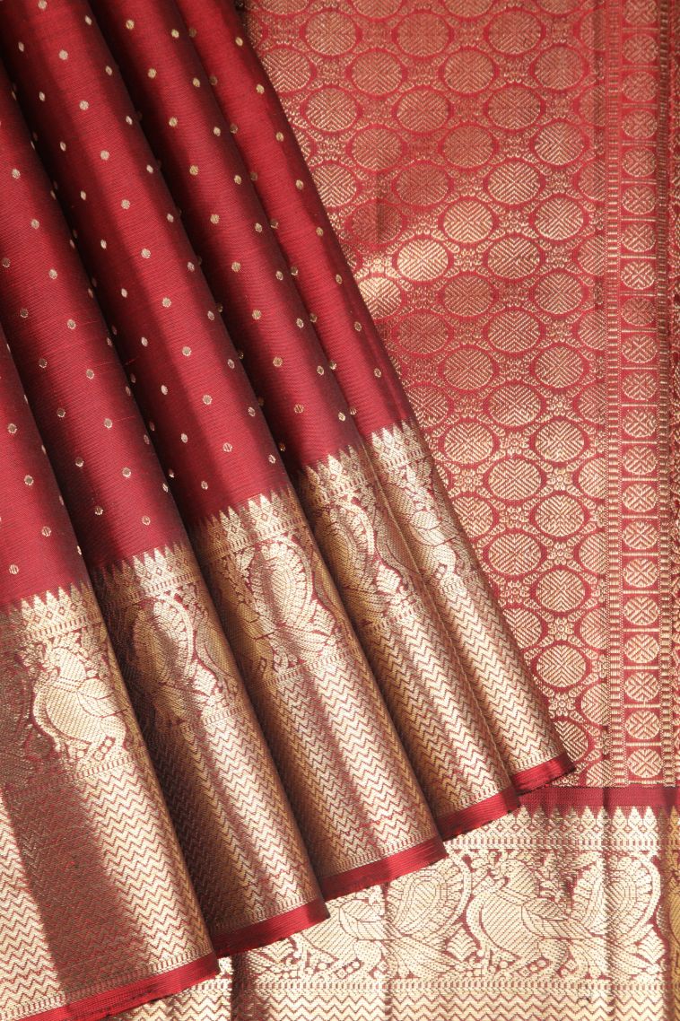 Cherry  Red Kanchipuram Silk Sarees with Gold Zari Puttas view 1