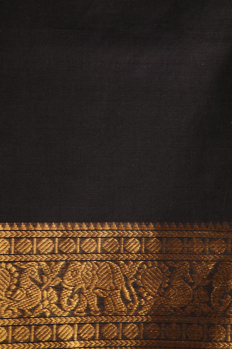 Asphalt Black Chettinad Cotton Sarees with Gold Zari Plain With Border view 3