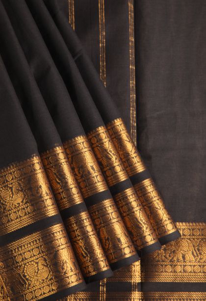 Asphalt Black Chettinad Cotton Sarees with Gold Zari Plain With Border