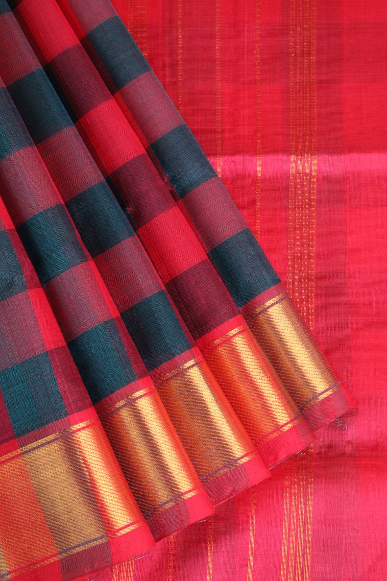 Rose  Red Silk Cotton with Gold Zari Checks
