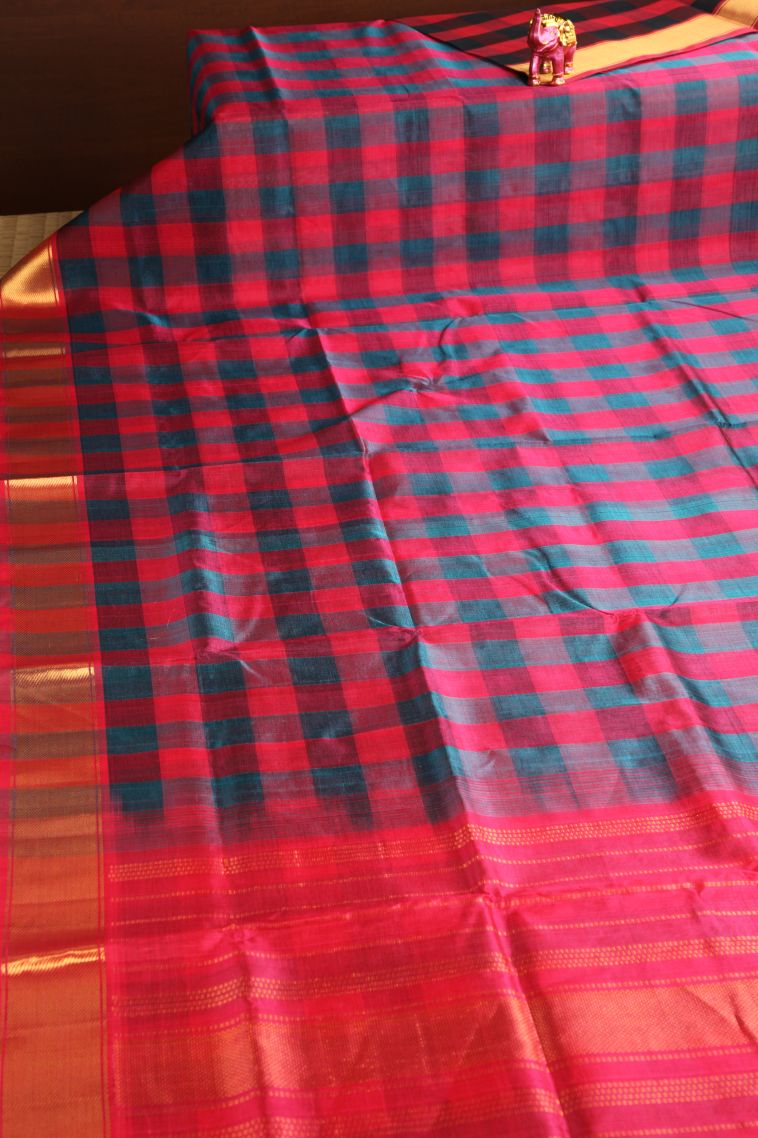 Rose  Red Silk Cotton with Gold Zari Checks view 2