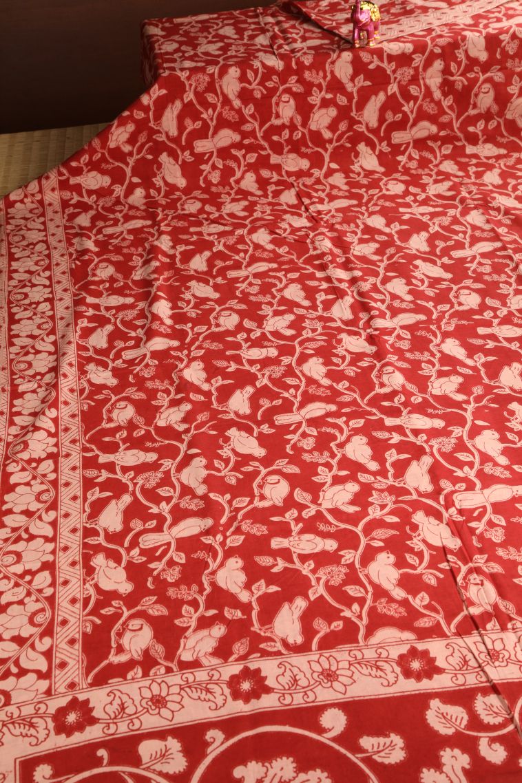 Dawn Red Kalamkari with Without Zari Zari Birds Mottif view 2