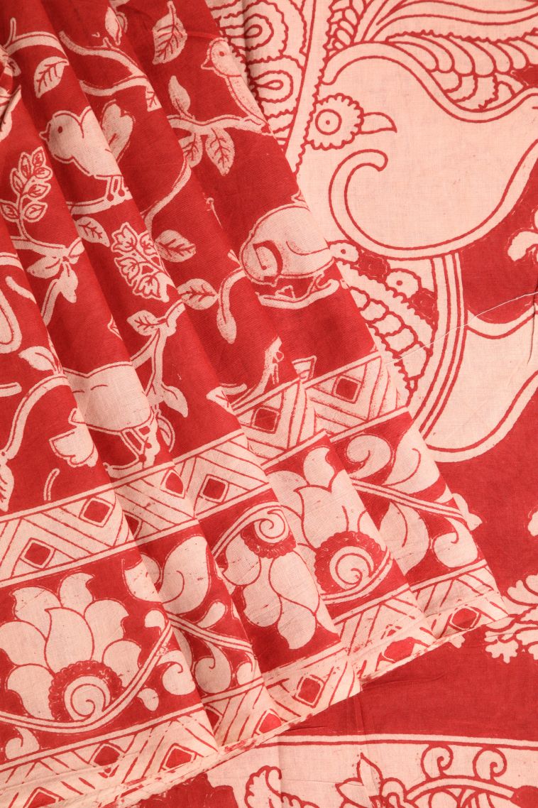 Dawn Red Kalamkari with Without Zari Zari Birds Mottif view 1