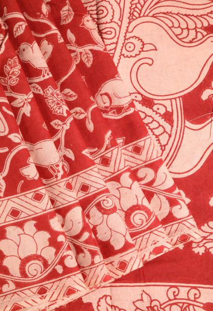 Dawn Red Kalamkari with Without Zari Zari Birds Mottif