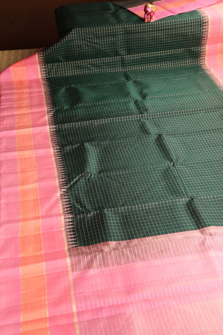 Pine Green Kanchipuram Silk Sarees with Gold Zari Checks And Puttas view 2