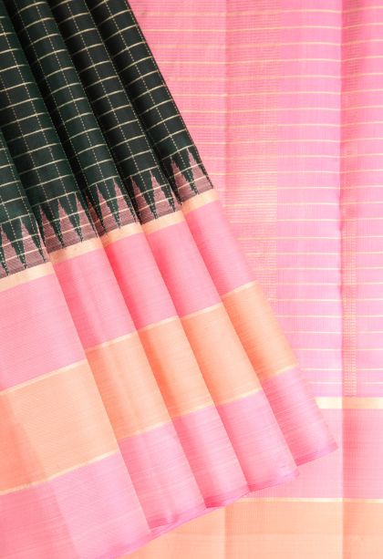 Pine Green Kanchipuram Silk Sarees with Gold Zari Checks And Puttas