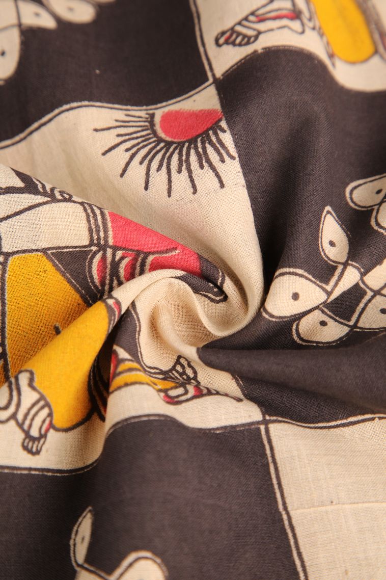 Vanilla Custard Yellow Kalamkari with Without Zari Zari Kolam Pattern view 4