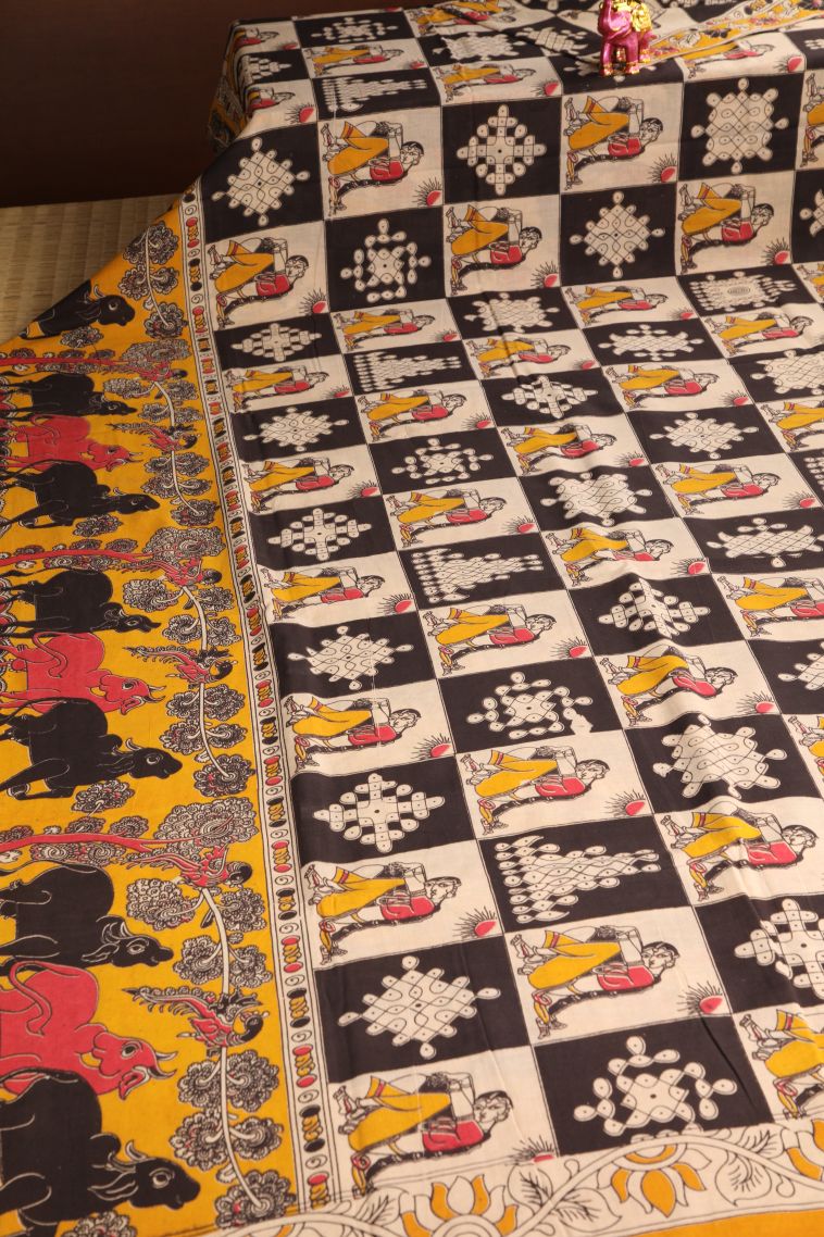Vanilla Custard Yellow Kalamkari with Without Zari Zari Kolam Pattern view 2
