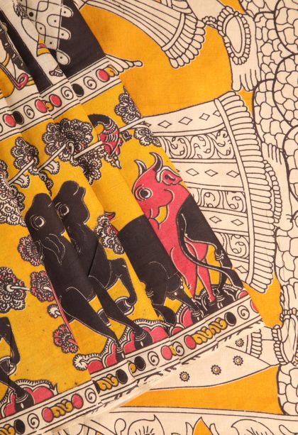 Vanilla Custard Yellow Kalamkari with Without Zari Zari Kolam Pattern