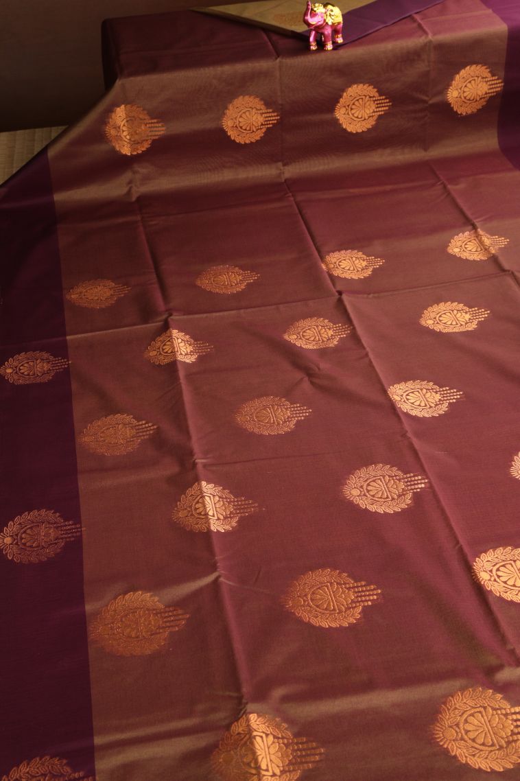 Rust Orange Silk Cotton Sarees with Copper Zari Floral Patterns view 2