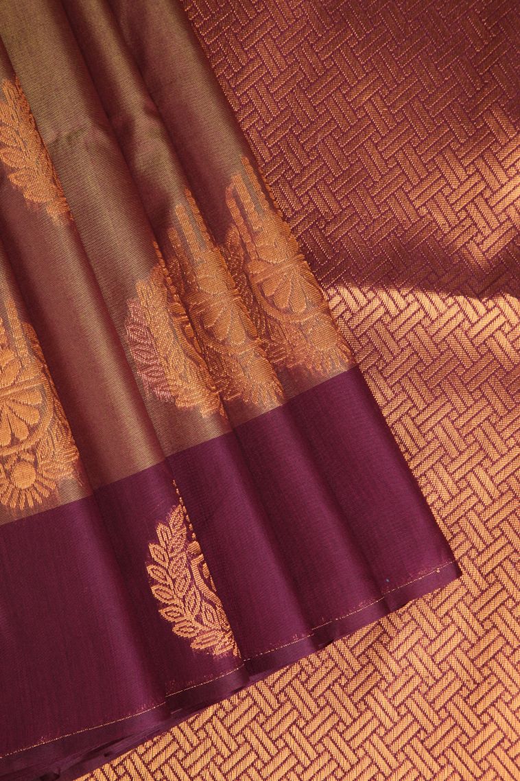 Rust Orange Silk Cotton Sarees with Copper Zari Floral Patterns view 1
