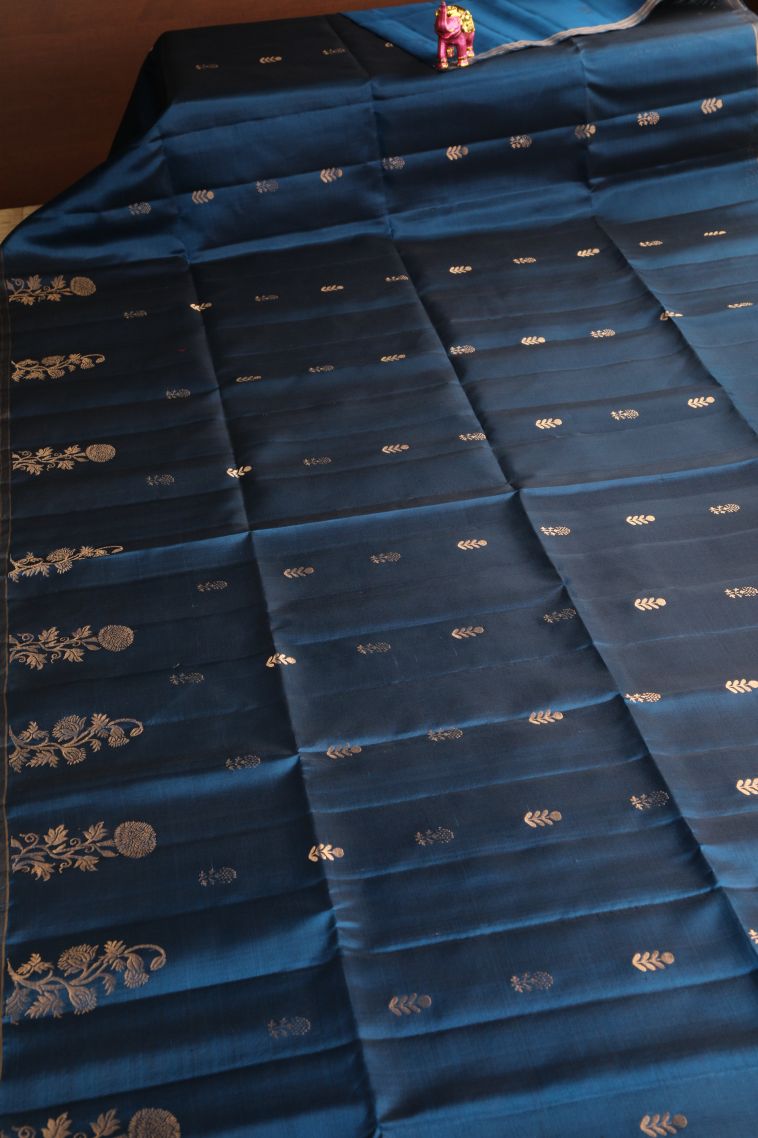 Aegean Blue Soft Silk Saree with Gold Zari Floral Puttas view 2