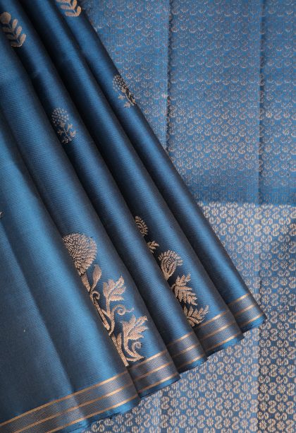 Aegean Blue Soft Silk Saree with Gold Zari Floral Puttas