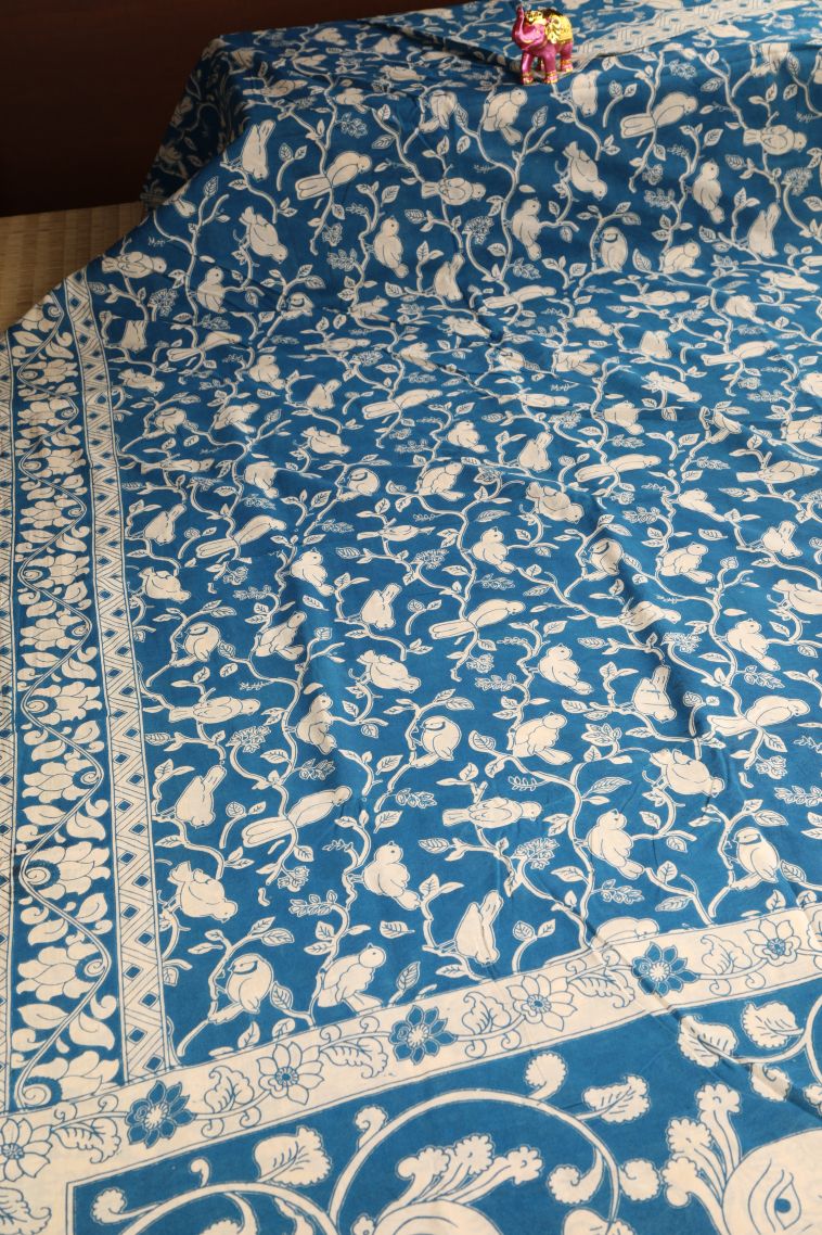 Cerulean Blue Kalamkari with Without Zari Zari Birds Mottif view 2
