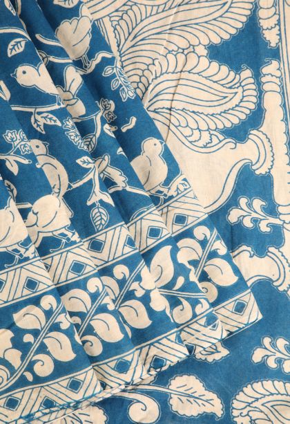 Cerulean Blue Kalamkari with Without Zari Zari Birds Mottif