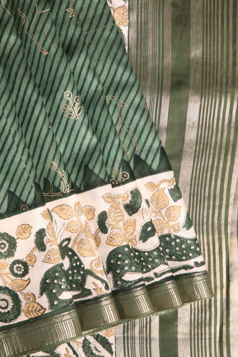 Sage Green Semi Raw Silk Printed with Without Zari Zari Cross Straipes view 1