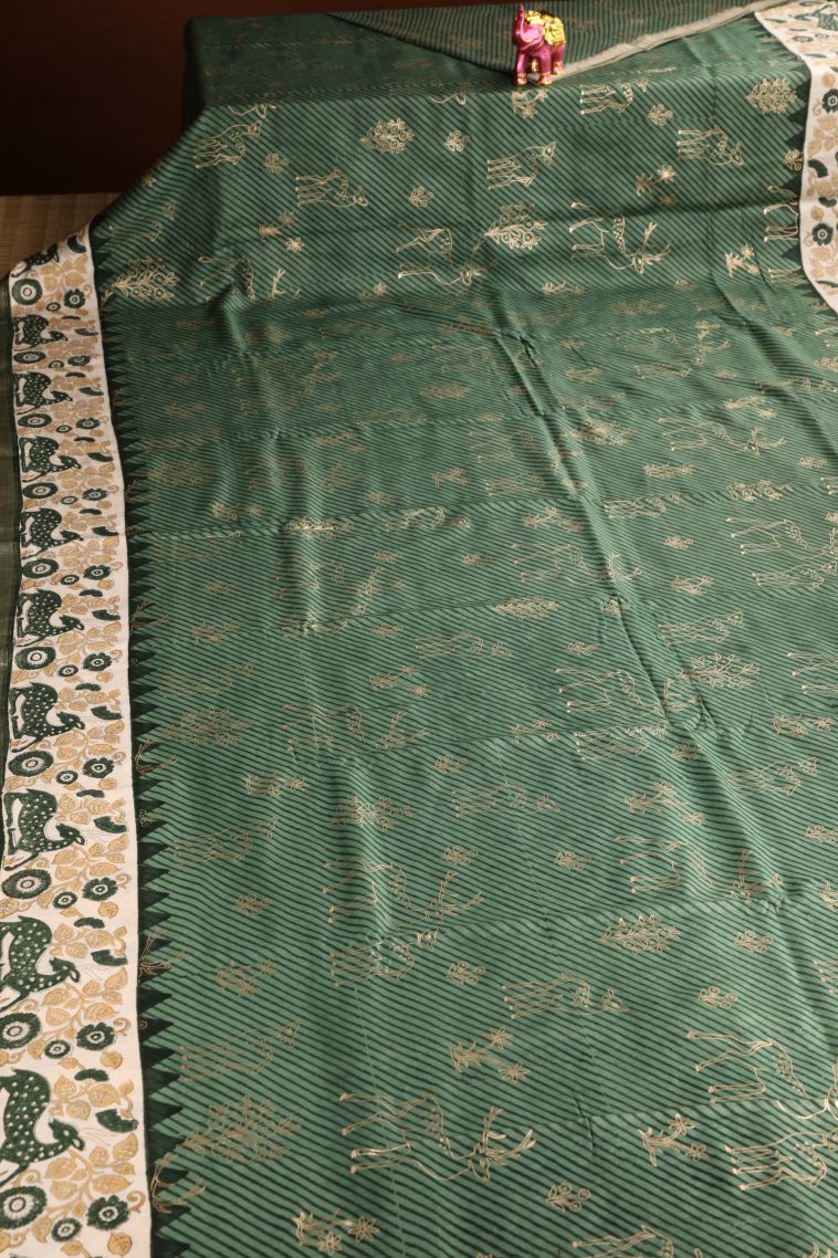 Sage Green Semi Raw Silk Printed with Without Zari Zari Cross Straipes view 2