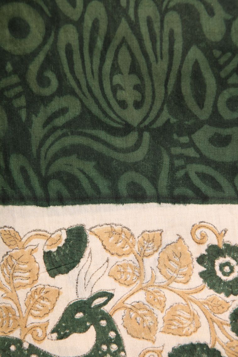 Sage Green Semi Raw Silk Printed with Without Zari Zari Cross Straipes view 3