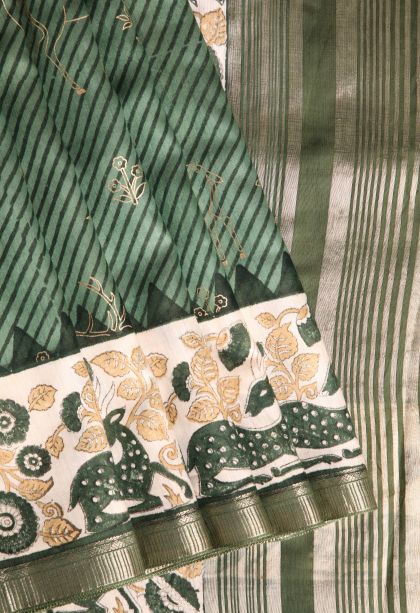 Sage Green Semi Raw Silk Printed with Without Zari Zari Cross Straipes