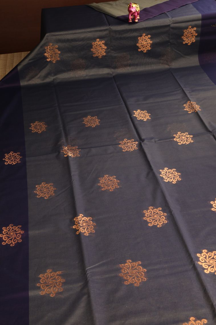Granite Black Silk Cotton Sarees with Copper Zari Kolam Pattern view 2