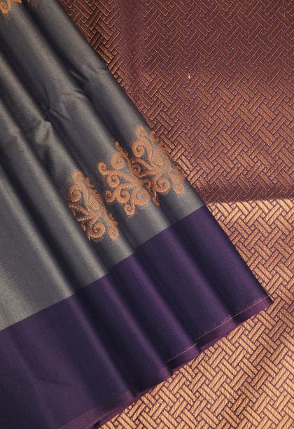 Granite Black Silk Cotton Sarees with Copper Zari Kolam Pattern