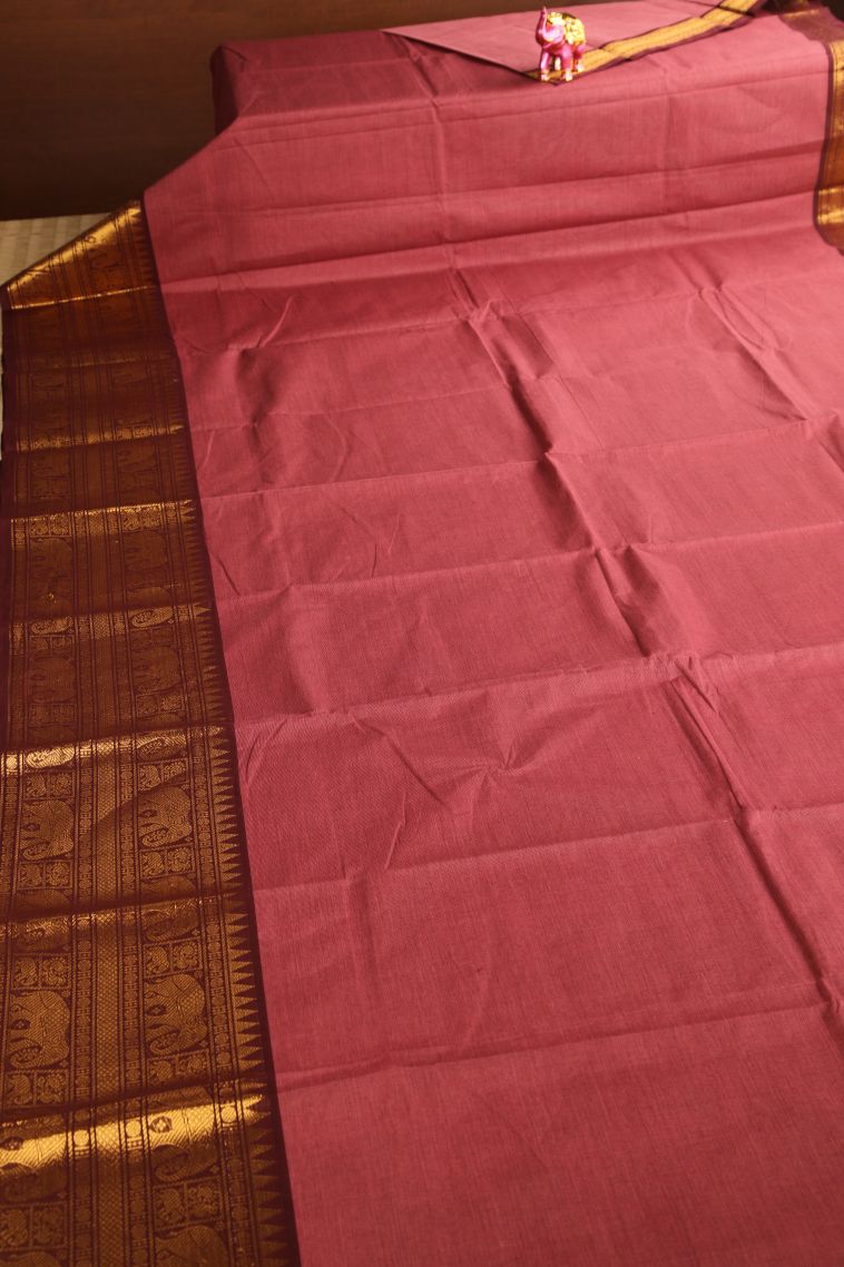 Ruby Red Chettinad Cotton Sarees with Gold Zari Plain With Border view 2